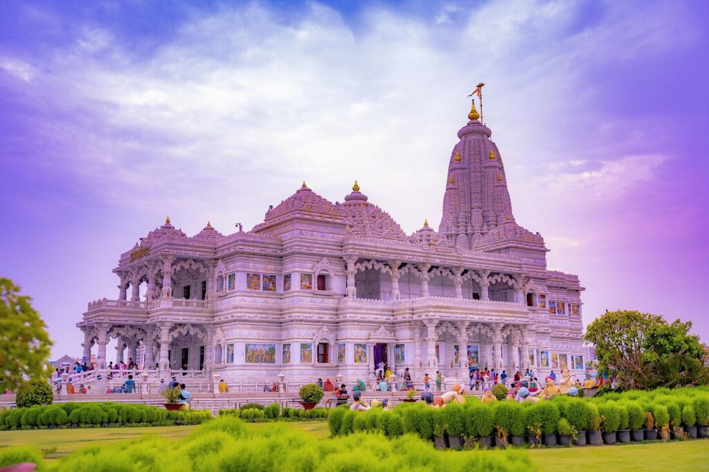 indian temple, vrindavan, mathura, radha krishna, pram temple, pram mandir, pram, temple, outdoor, religion, people, asia, india, religious, hindu, landscape, radha, mandir, sunset, krishna, sky, nature, architecture, prem, white, building